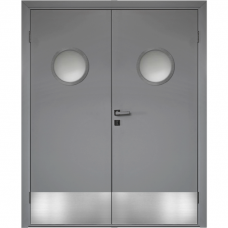 Влагостойкая дверь ПВХ Etadoor ДГ Серый RAL 7001 двустворчатая с AL торцами с двумя иллюминаторами и отбойными пластинами