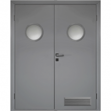 Влагостойкая дверь ПВХ Etadoor ДГ Серый RAL 7001 двустворчатая с AL торцами с двумя иллюминаторами и вентиляционной решеткой
